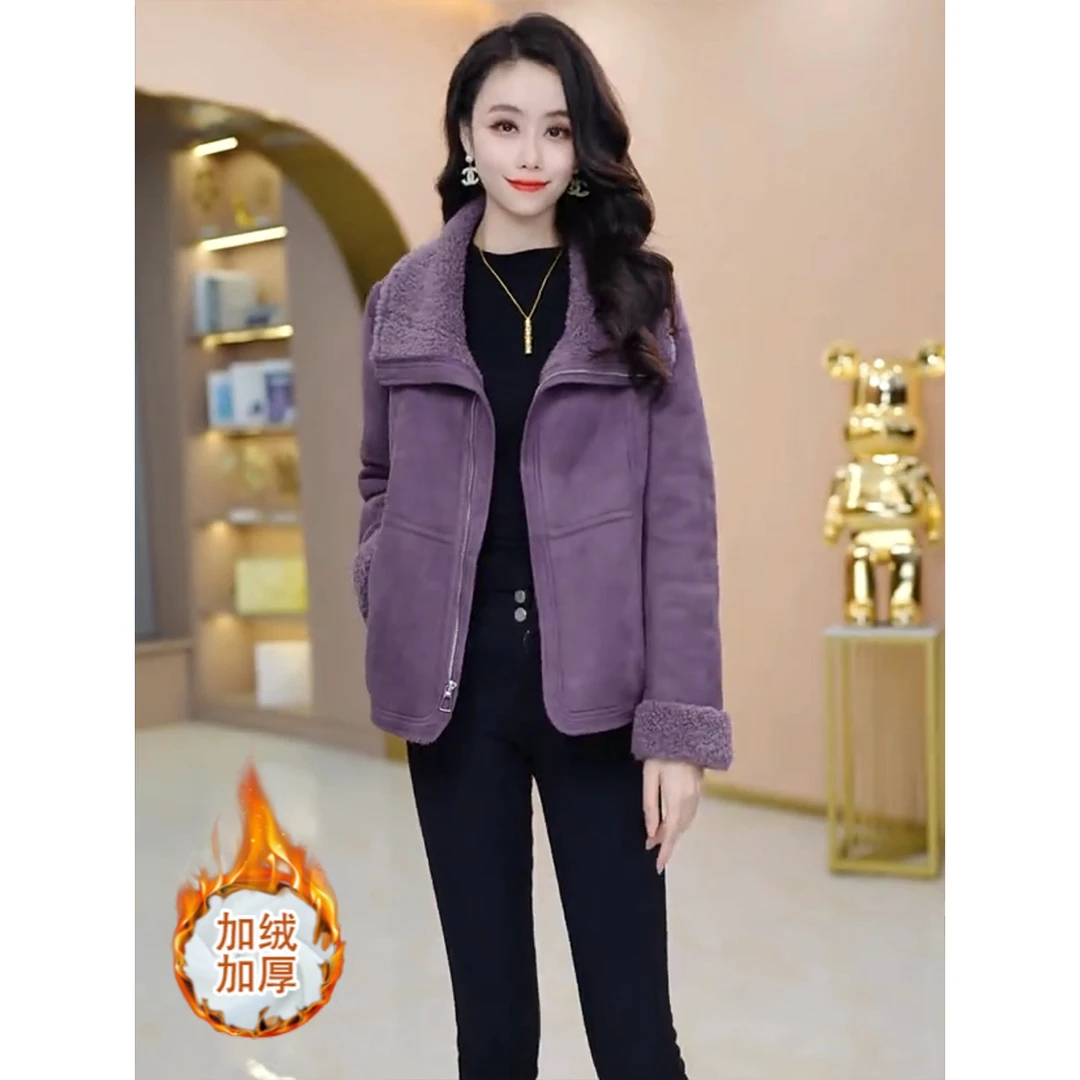 拉夏贝尔时尚加绒加厚短外套女2025秋冬季新款小个子拉链保暖上衣