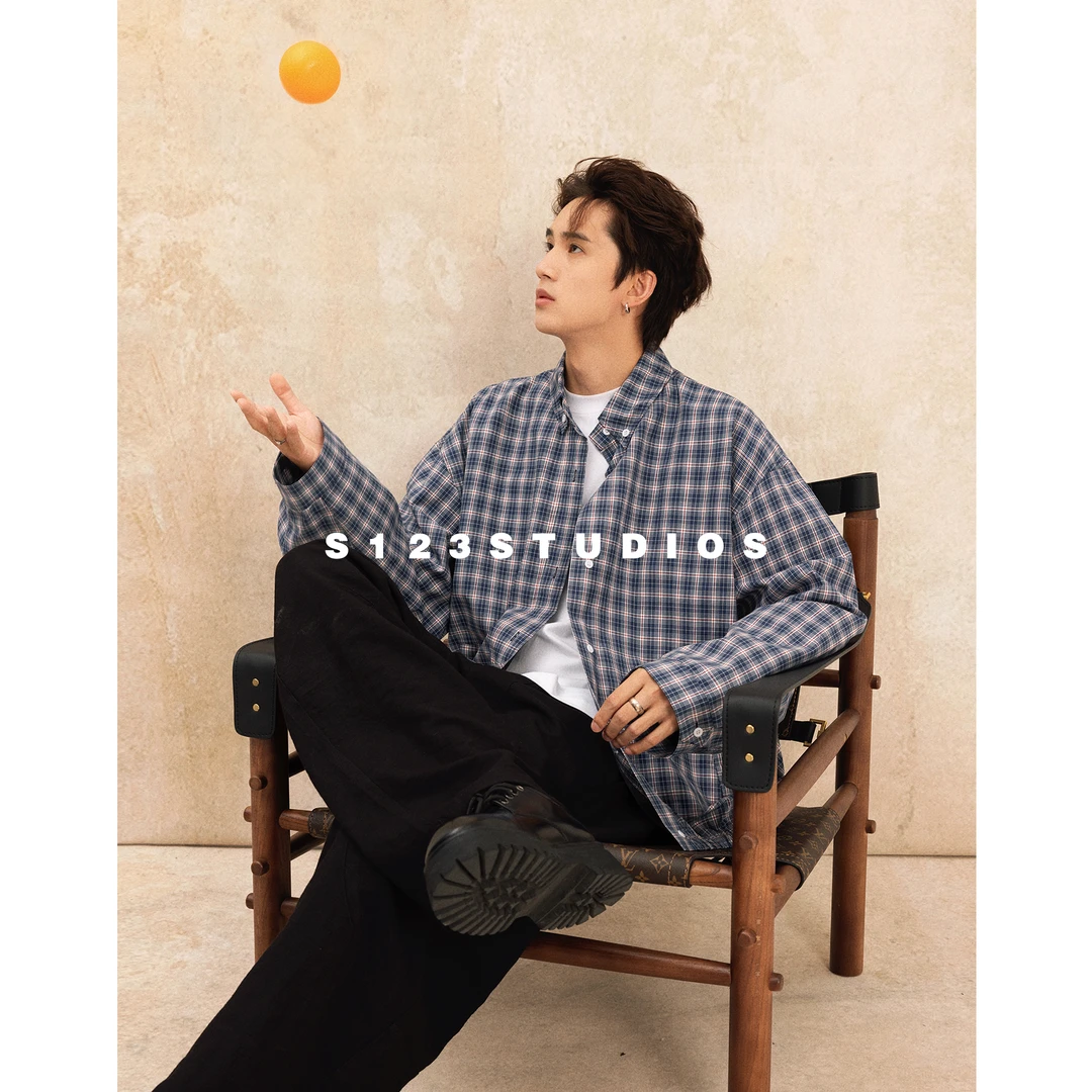 聪明陈S123早秋新品慵懒风日系蓝色格子夹克外套情侣宽松休闲上衣