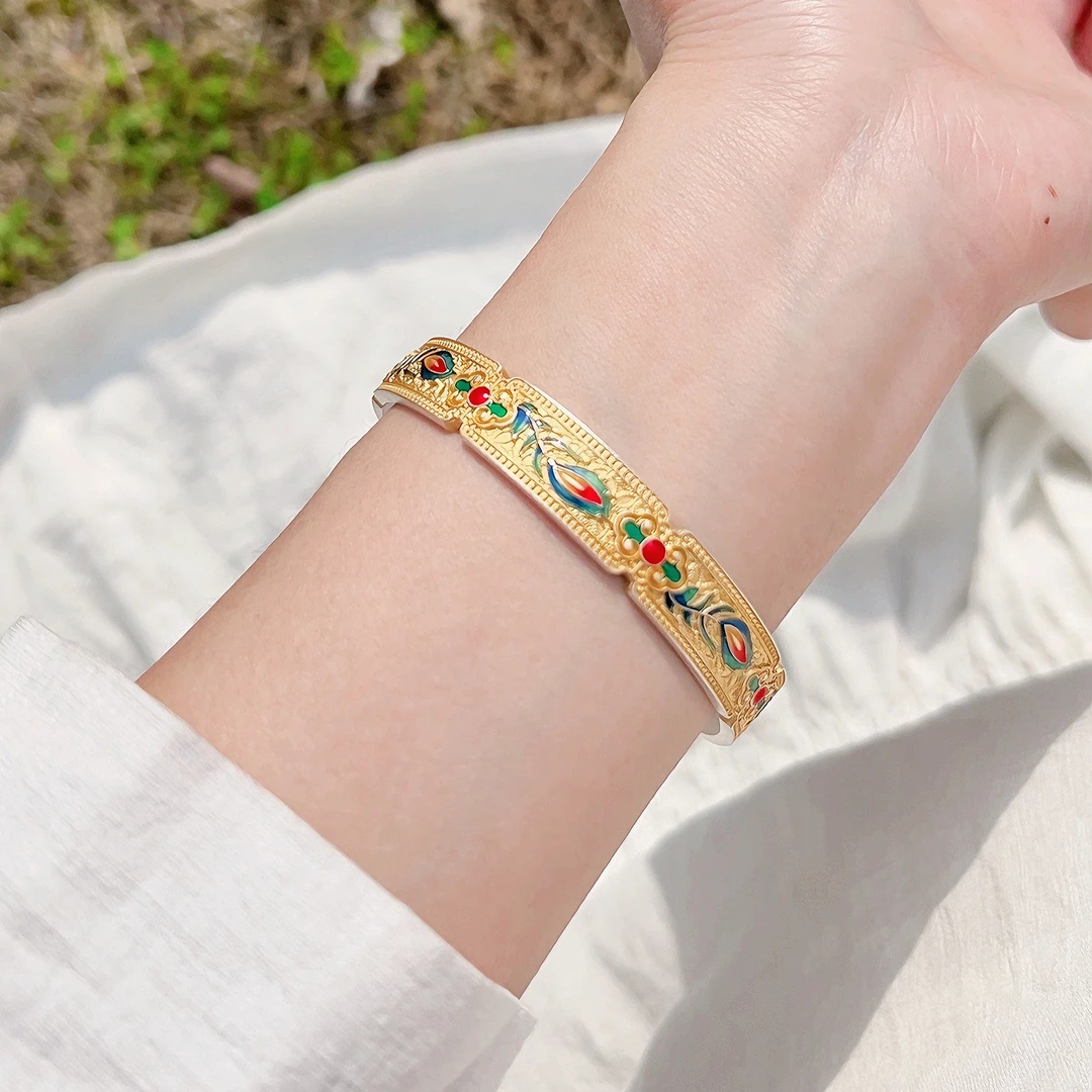 足银珐琅手镯 足银999.9时尚复古国风珐琅镀金【雀翎】足银手镯