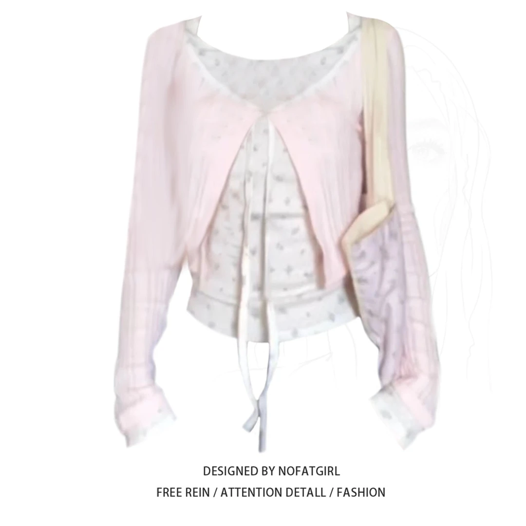 大码胖妹妹韩系甜美假两件碎花拼接短外套女秋季修身显瘦上衣开衫