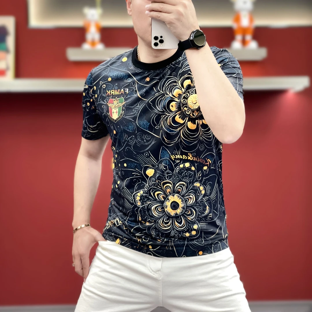 欧货夏季新款男士个性印花潮流T恤时尚青年圆领修身弹力上衣短袖