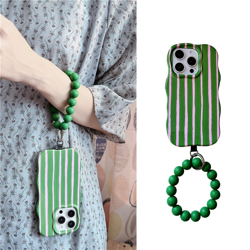 夏日清新波浪边绿粉条纹手环适用苹果16/14/17手机壳iphone15防摔