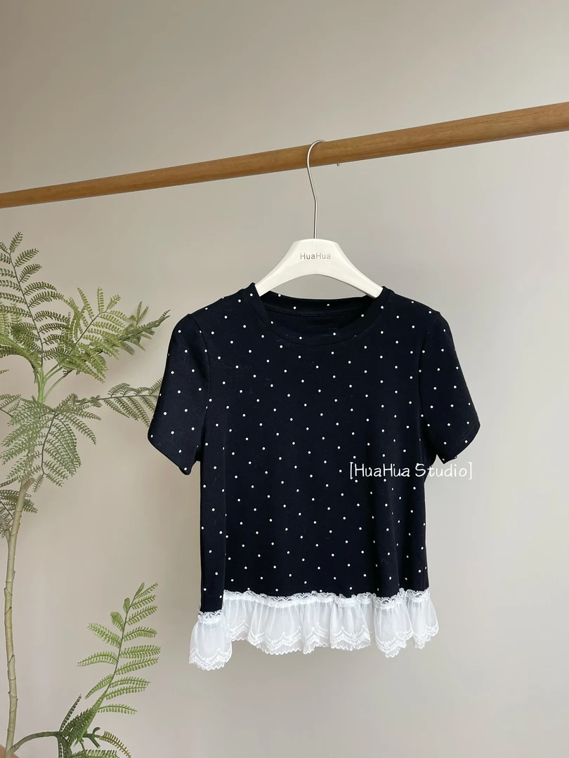 【花花】蕾丝波点T~韩系波点圆领下摆拼接蕾丝花边设计感短袖