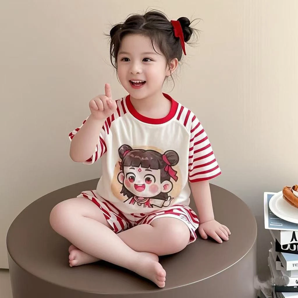 女童卡通哪吒睡衣夏季新款宝宝纯棉短袖家居服套装儿童空调服薄款