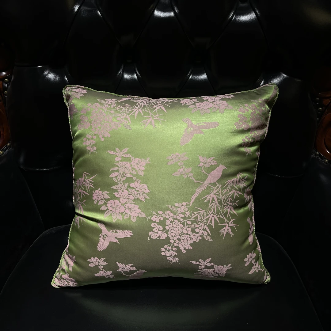 新中式提花花鸟图绿色国风抱枕 450*450