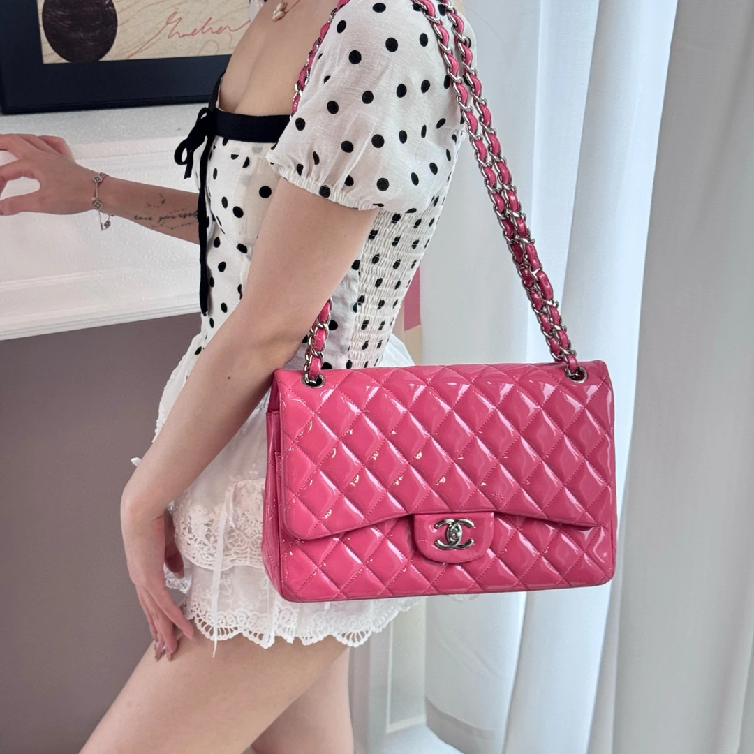 95新 Chanel/香奈儿  chanel树莓粉cf银扣单肩斜挎包