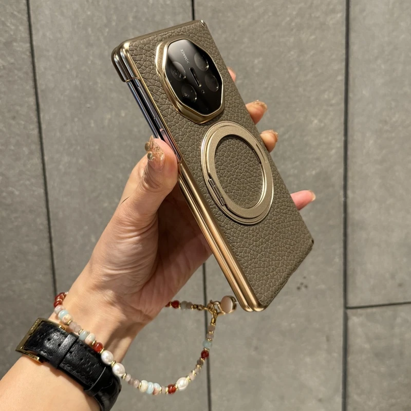 适用华为matex6手机壳新款高级真皮X5支架保护套高档双中轴锡器灰