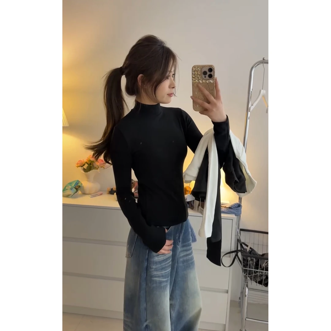 2025秋冬新款简约纯色百搭高领长袖打底T恤上衣女洋气紧身半高领