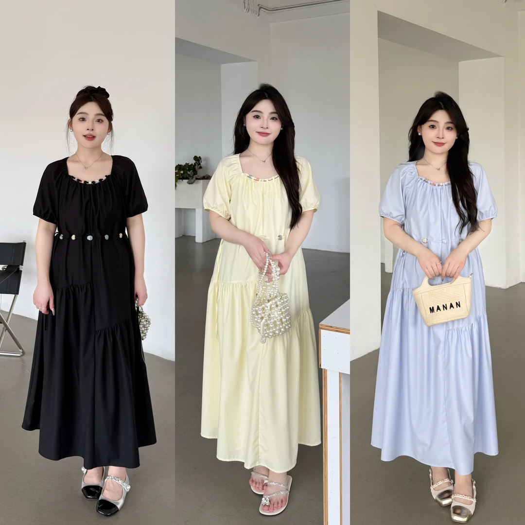 上新-心心【百利甜】夏季度假风拼接不规则收腰宽松大码显瘦连衣裙