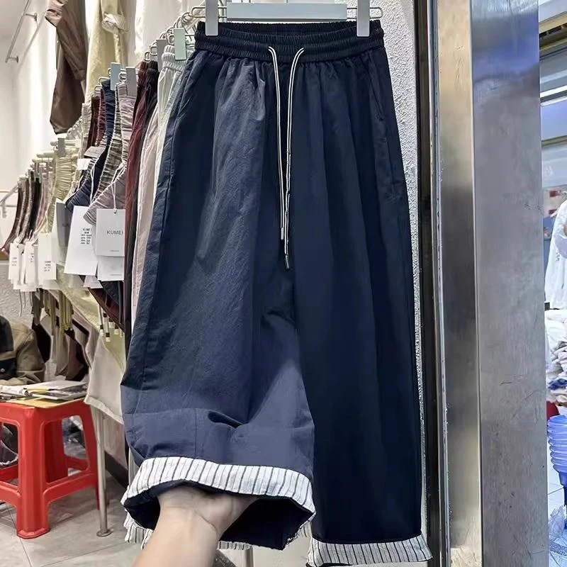 300斤加大码港式复古条纹拼接阔腿裤初秋男女松紧抽绳垂感休闲裤