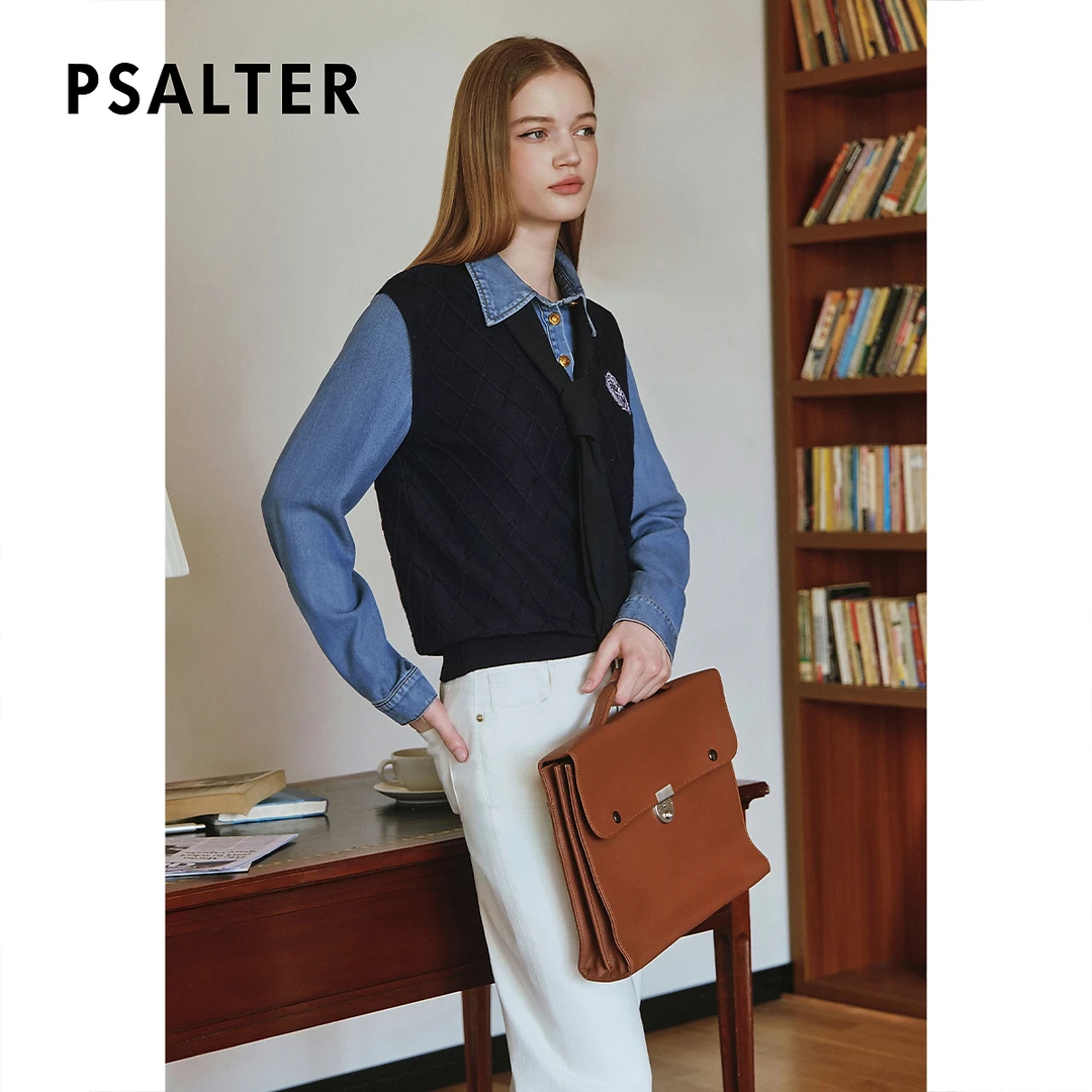 【轻职场系列】诗篇高智学院风牛仔拼接假两件针织套头衫2025春新