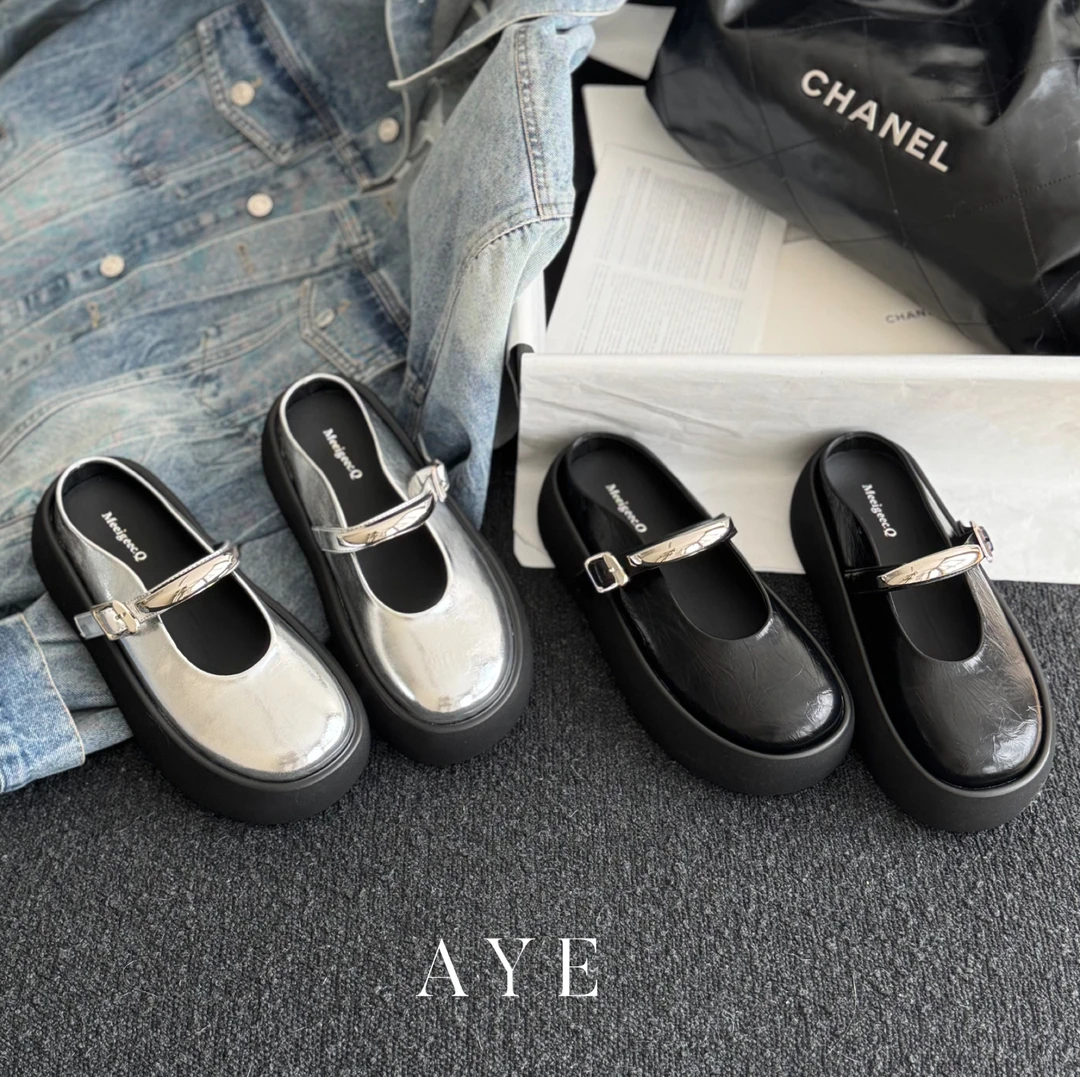 【AYE】25SS|欧版金属扣厚底软皮玛丽珍半拖|显瘦增高5公分
