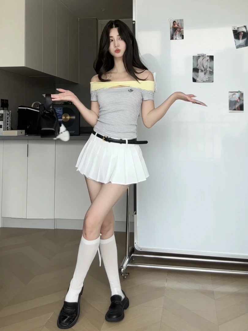 WINMIN 一字肩撞色短袖蝴蝶扭结掐腰镂空上衣气质显瘦收腰T恤