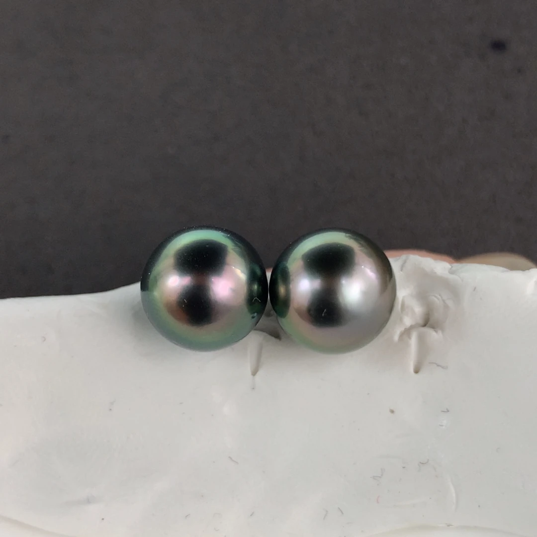 定制海水珍珠未镶嵌裸珠大溪地孔雀绿色9-10mm两颗