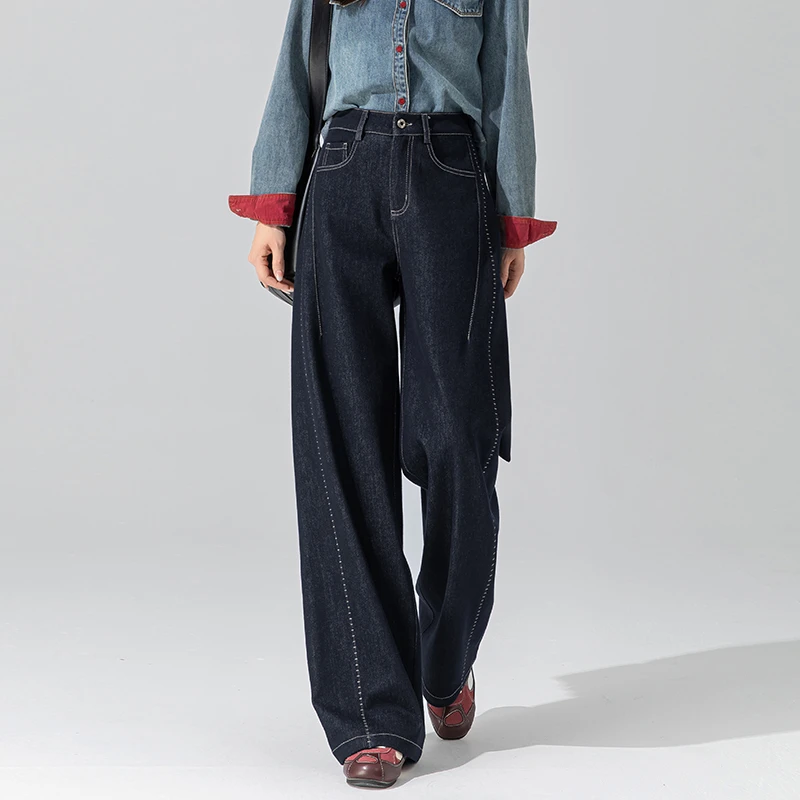丹宁蓝明线解构牛仔裤女款爆款2025新款秋冬季直筒显瘦高腰阔腿裤