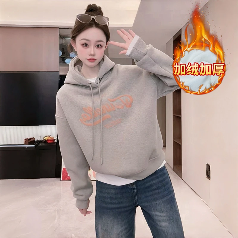 欧货时尚字母印花加绒连帽卫衣女秋冬2025新款小个子宽松显瘦上衣