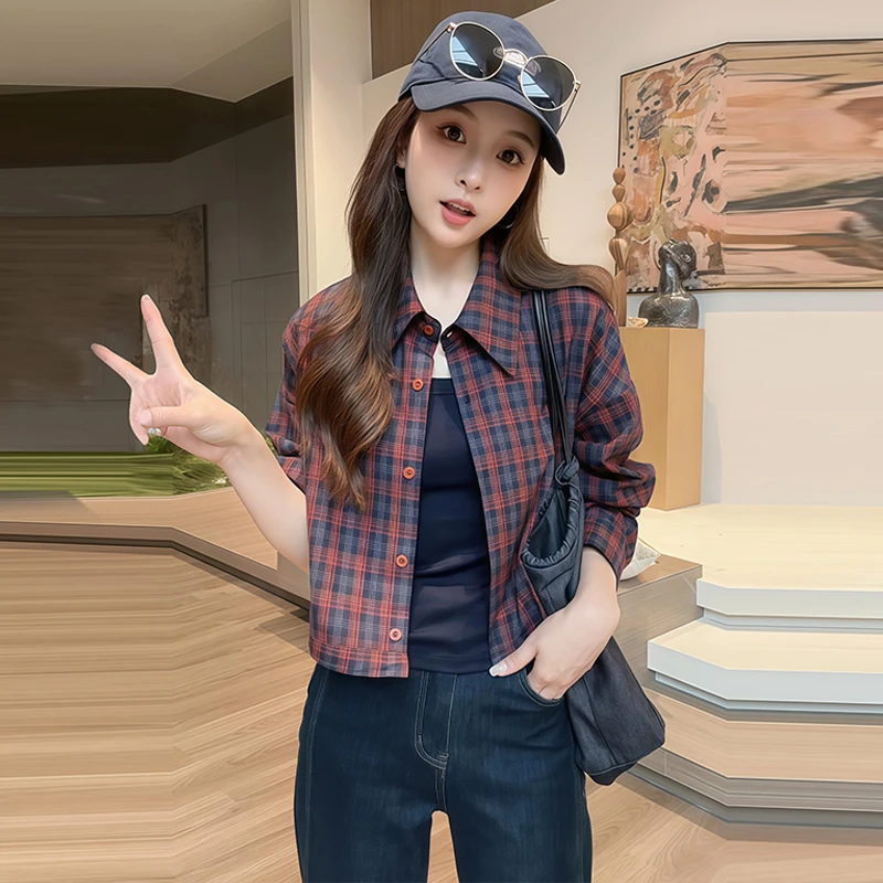 设计感小众时尚格子衬衫女2025年秋冬新款百搭减龄翻领长袖上衣
