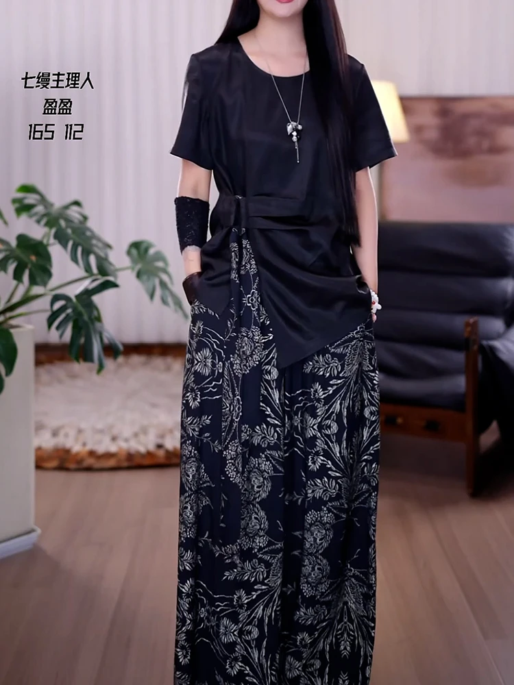 复古国风套装2025夏季新款时尚妈妈气质减龄上衣+印花长裤两件套