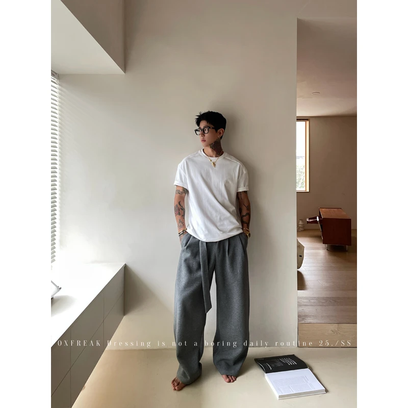 OXFREAK「自带腰带 弯刀廓形」灰色针织休闲裤男阔腿宽松A字裤子