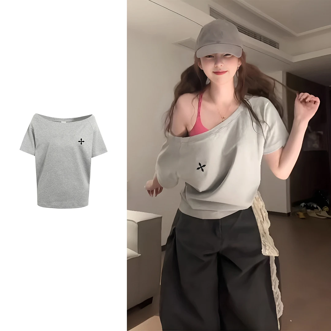 夏季斜领露半边肩短袖t恤女宽松慵懒风显瘦一字肩时尚设计感上衣