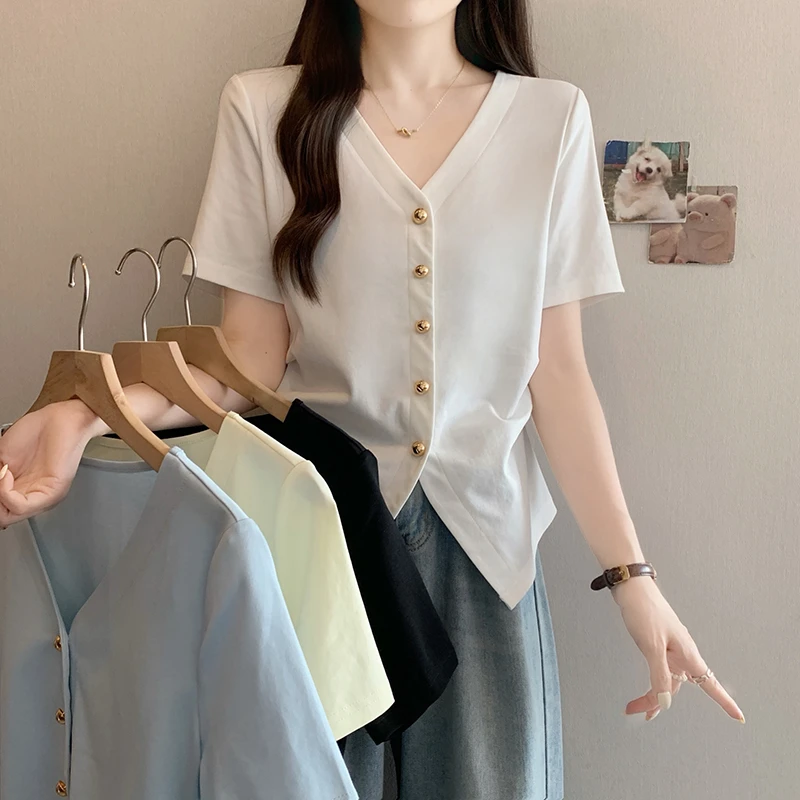2025夏装新款胖mm大码女简约休闲v领不规则掐腰短袖T恤显
