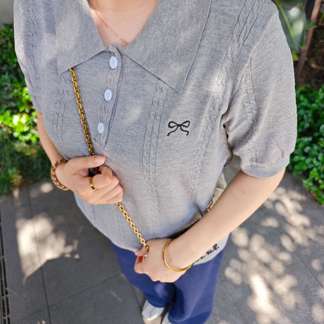 LOV3夏季新款韩系蝴蝶结polo短袖女外穿宽松大码女装