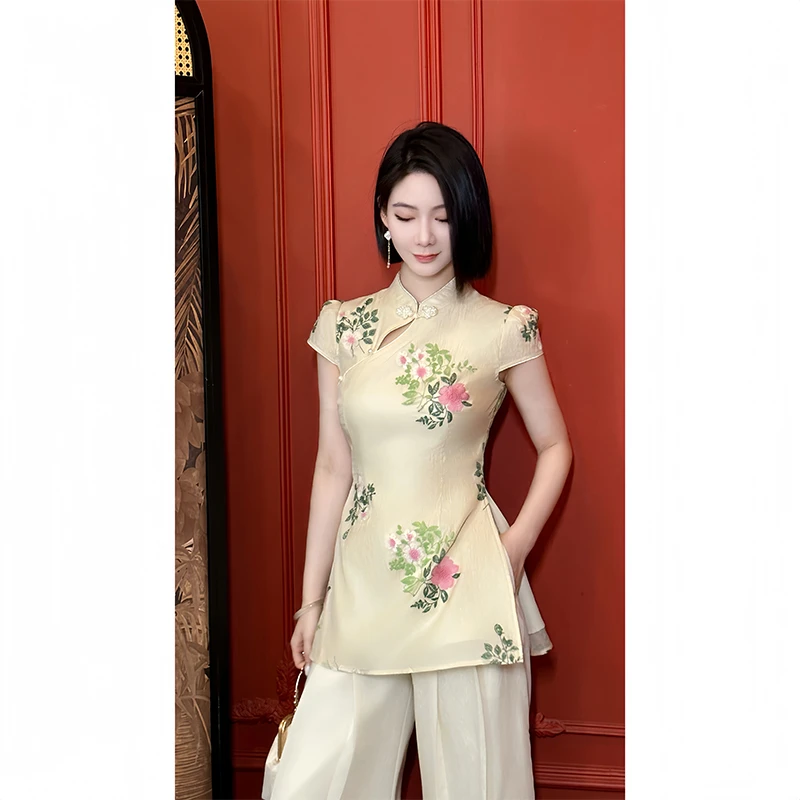 格娜【豆蔻年华】夏季新款改良旗袍上衣高贵优雅国风绣花气质裤套装