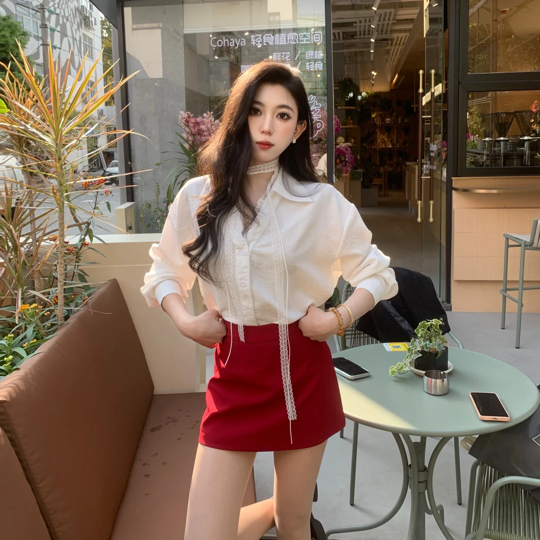 【A0605】春季减龄蕾丝气质显瘦高腰时尚百搭上衣+半裙套装