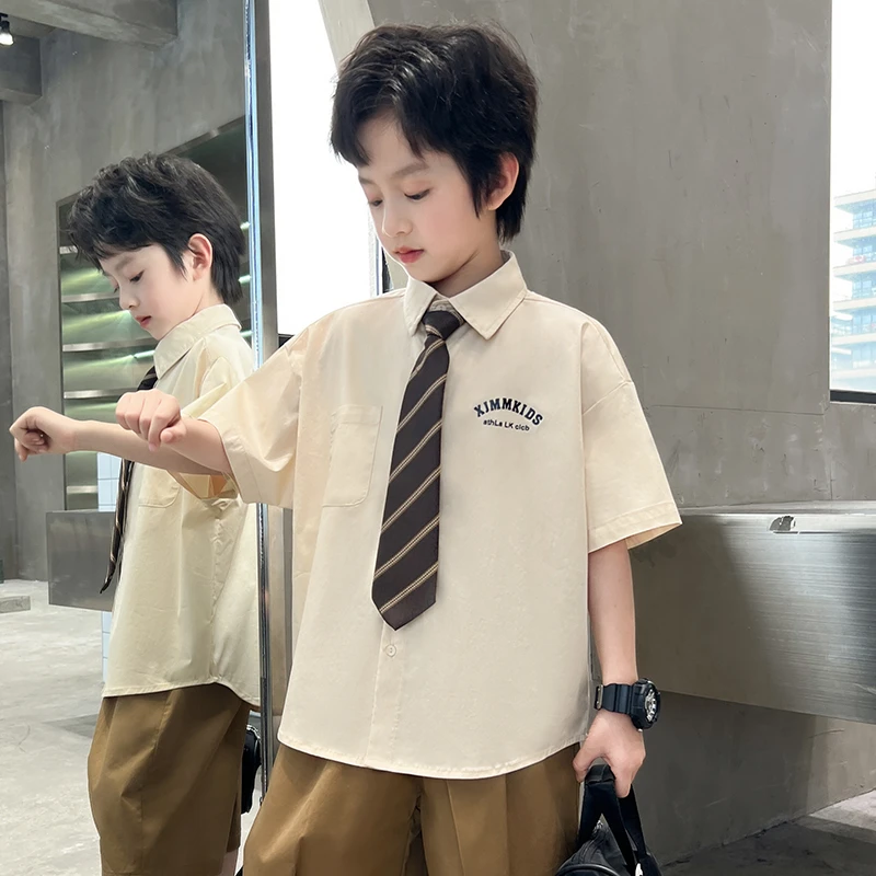 中班仔童装男童衬衫2025新款领带短袖衬衣中大童洋气男孩潮*43384