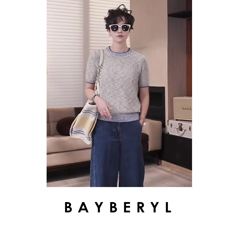 BAYBERYL老贝像素圈圈花纱圆领百搭短袖25春针织衫ZZS5A0706-3/2