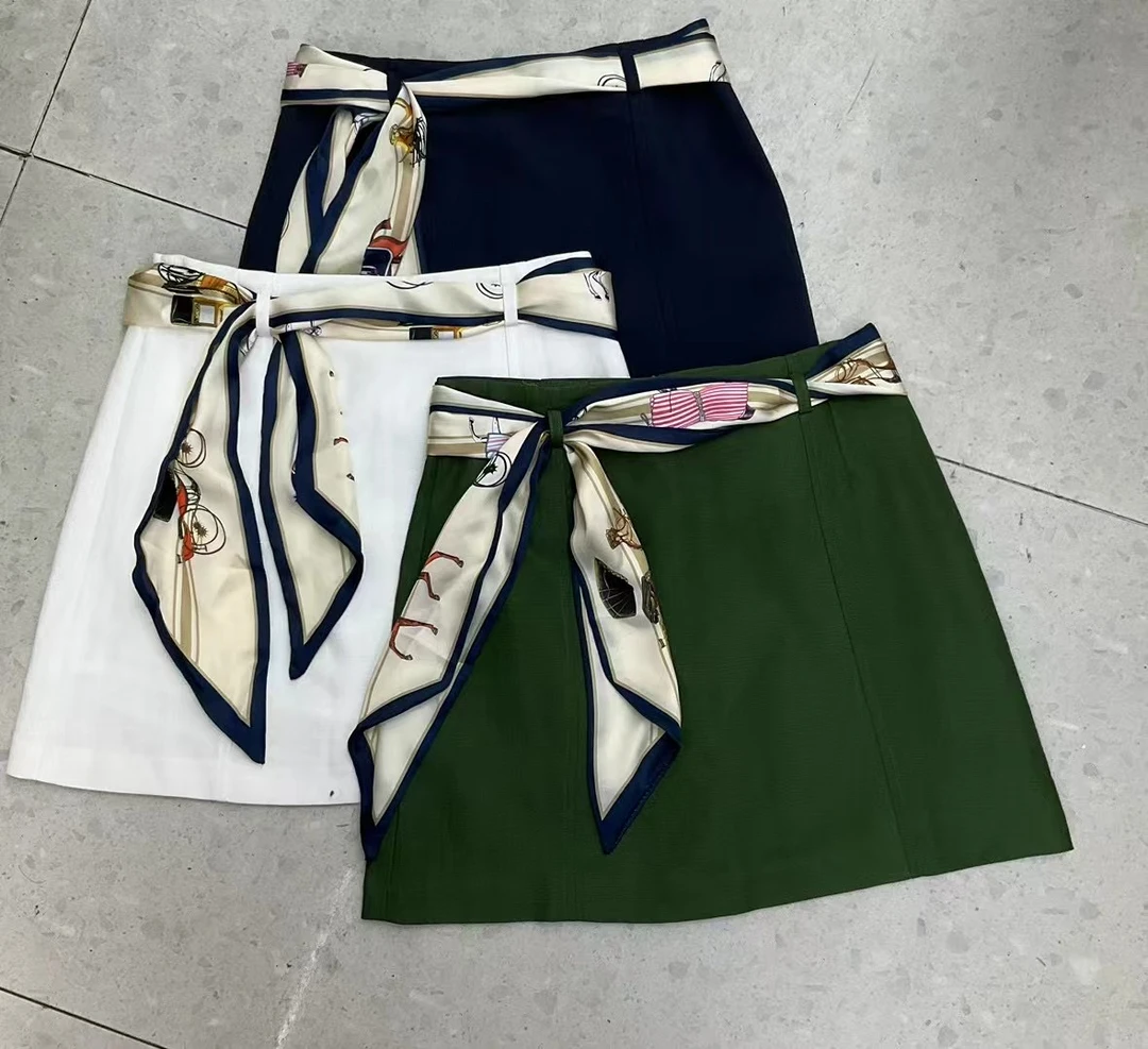 自带飘带夏季时尚百搭丝巾高腰显瘦A字半身短裙绿色裙子