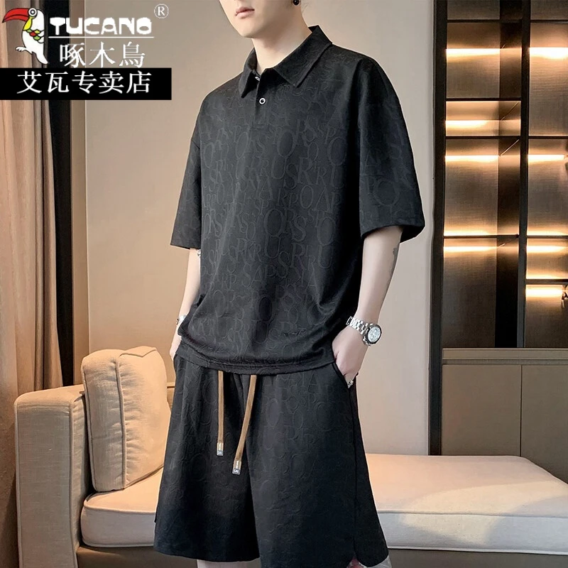 啄木鸟高档男士夏季短袖套装宽松休闲风POLO衫短裤提花潮流两件套