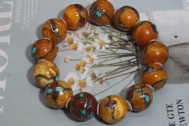 精美老花蜡单圈手串，镶嵌尼泊尔工艺，尺寸：16+mm克重39.38g