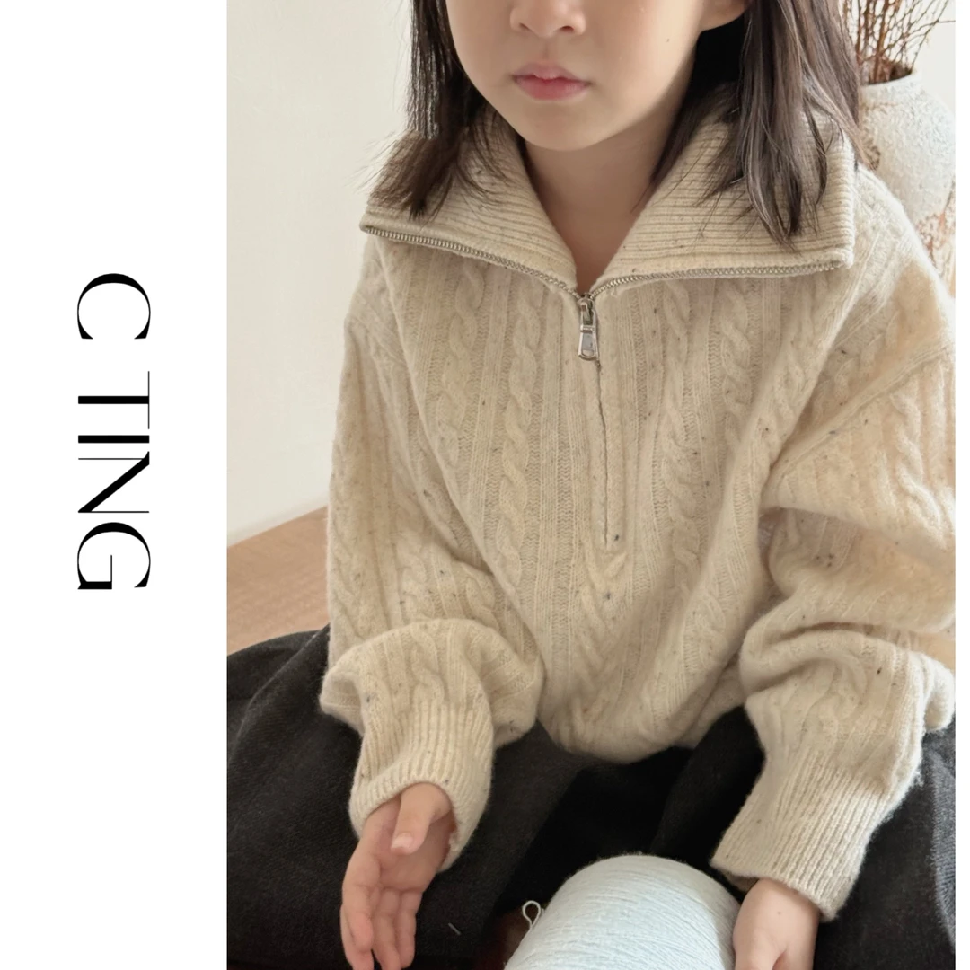 【C TING】新款韩版亲子装童装男女童半拉链麻花针织衫毛衣-6010