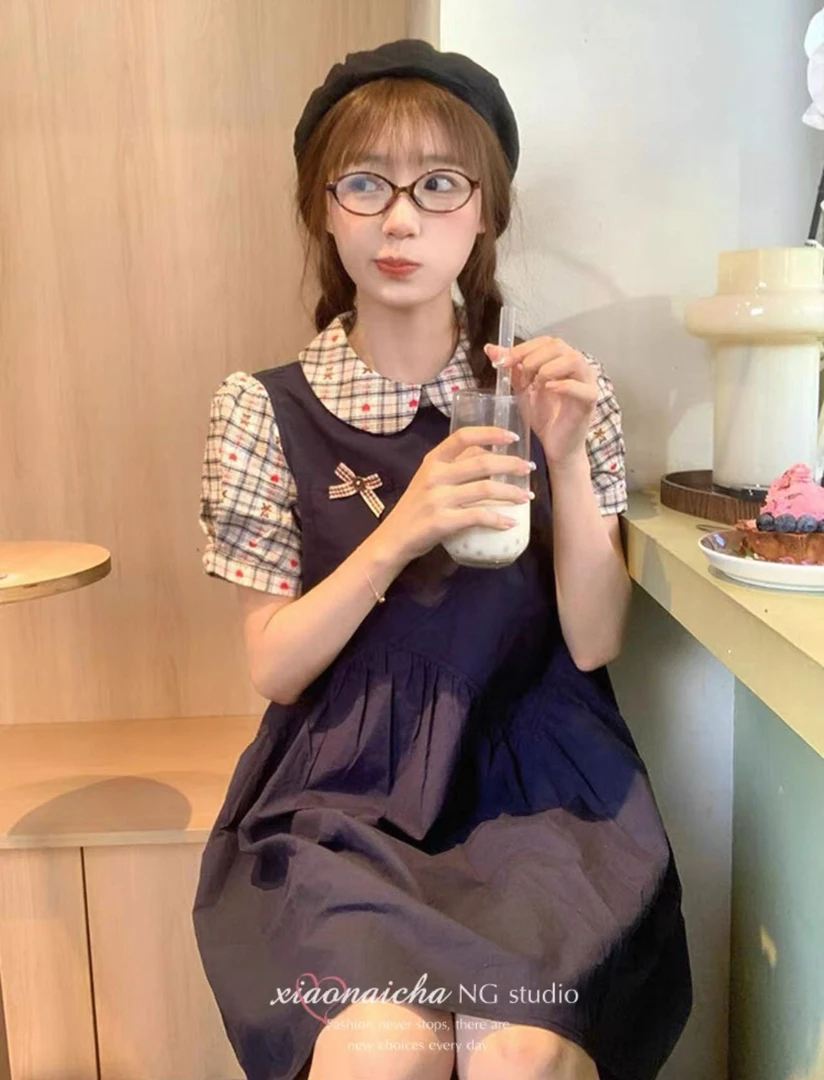 【安心推荐】日系复古娃娃领假两件连衣裙女夏季学院风设计连衣裙