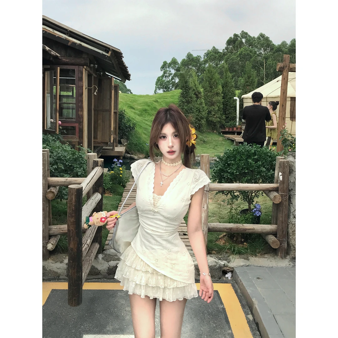 Mejiu蜜九【蕾丝泡沫】假两件蕾丝纯欲连衣裙女夏季收腰设计裙子