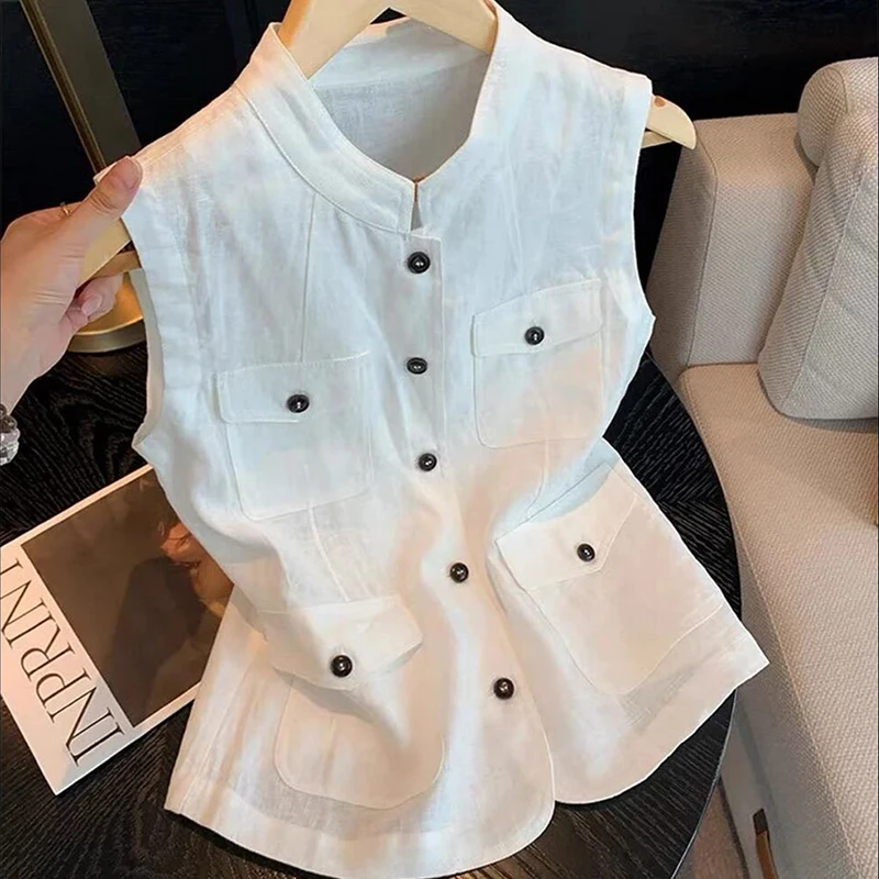 2025夏季欧货高级感轻熟风白色无袖衬衫薄款立领系扣轻奢马甲女