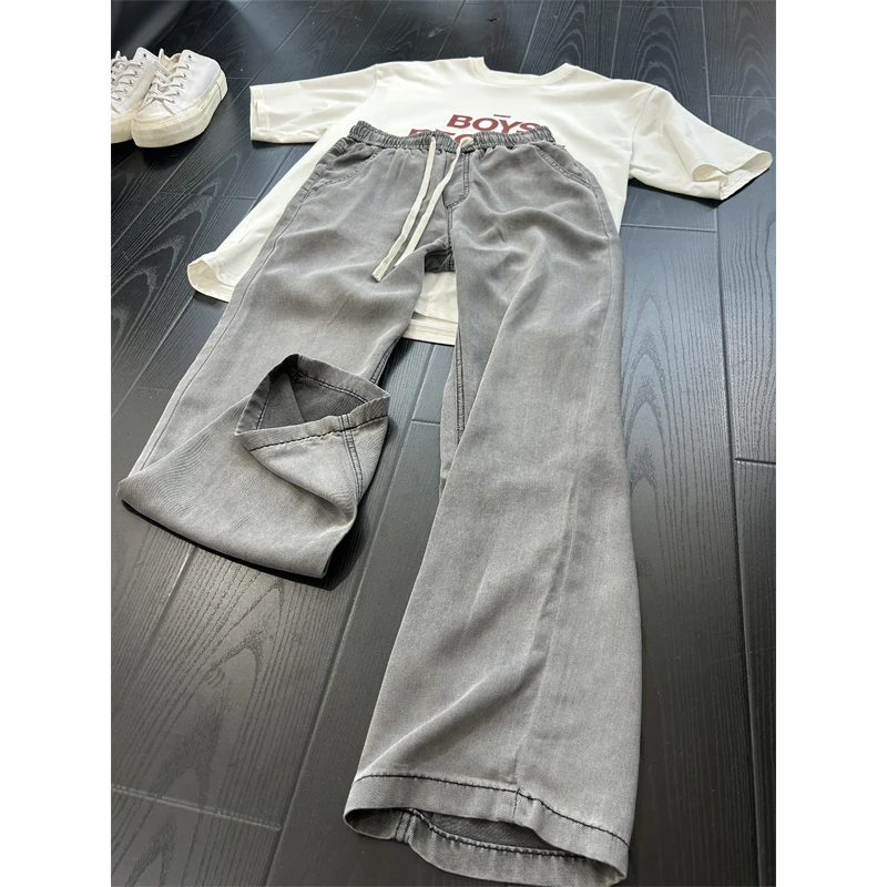 烟灰色冰丝阔腿牛仔裤男款夏季穿搭垂感显瘦直筒裤薄款抽绳微喇裤