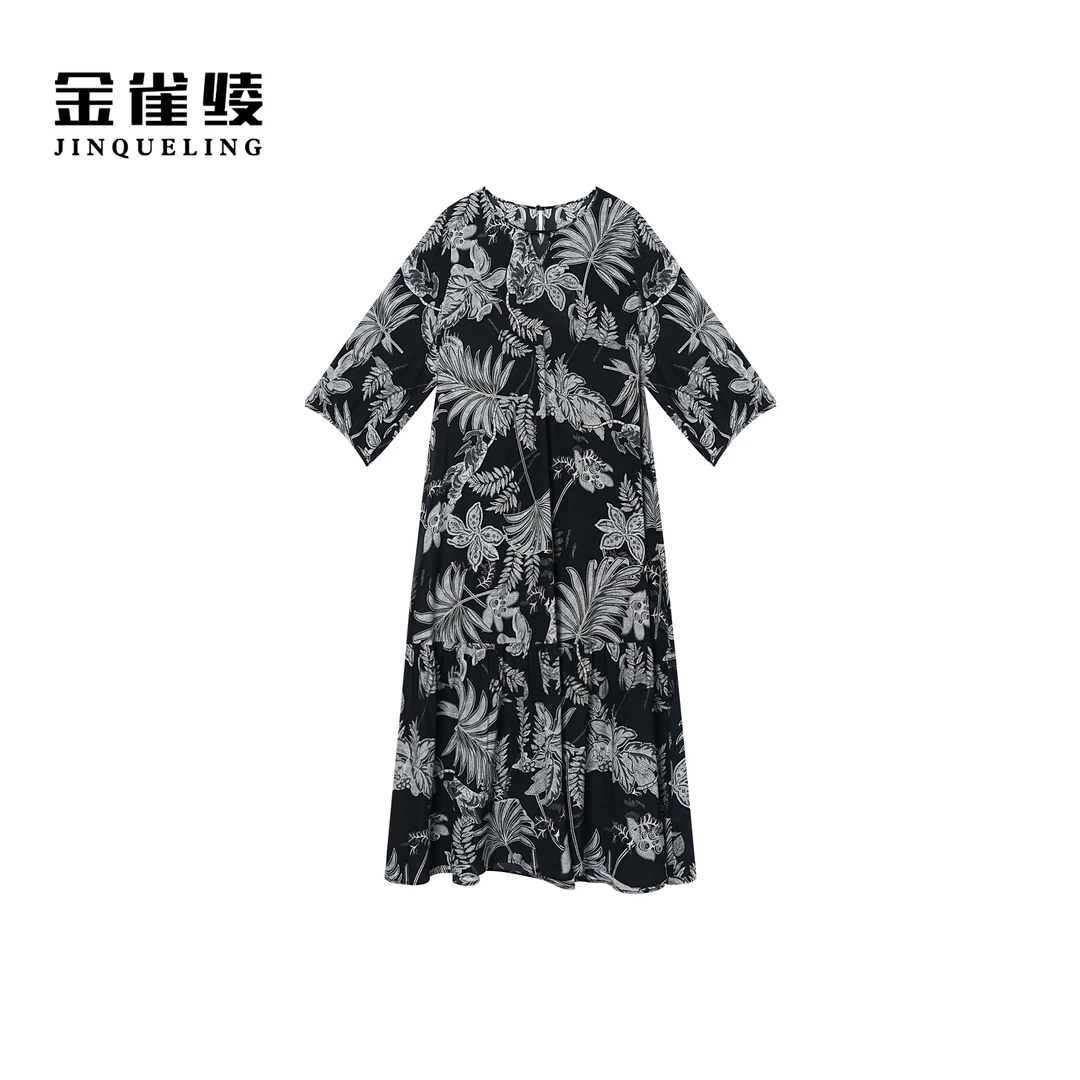 金雀绫【远山黛】桑蚕丝满印显瘦加宽加大女装连衣裙SZA1L167