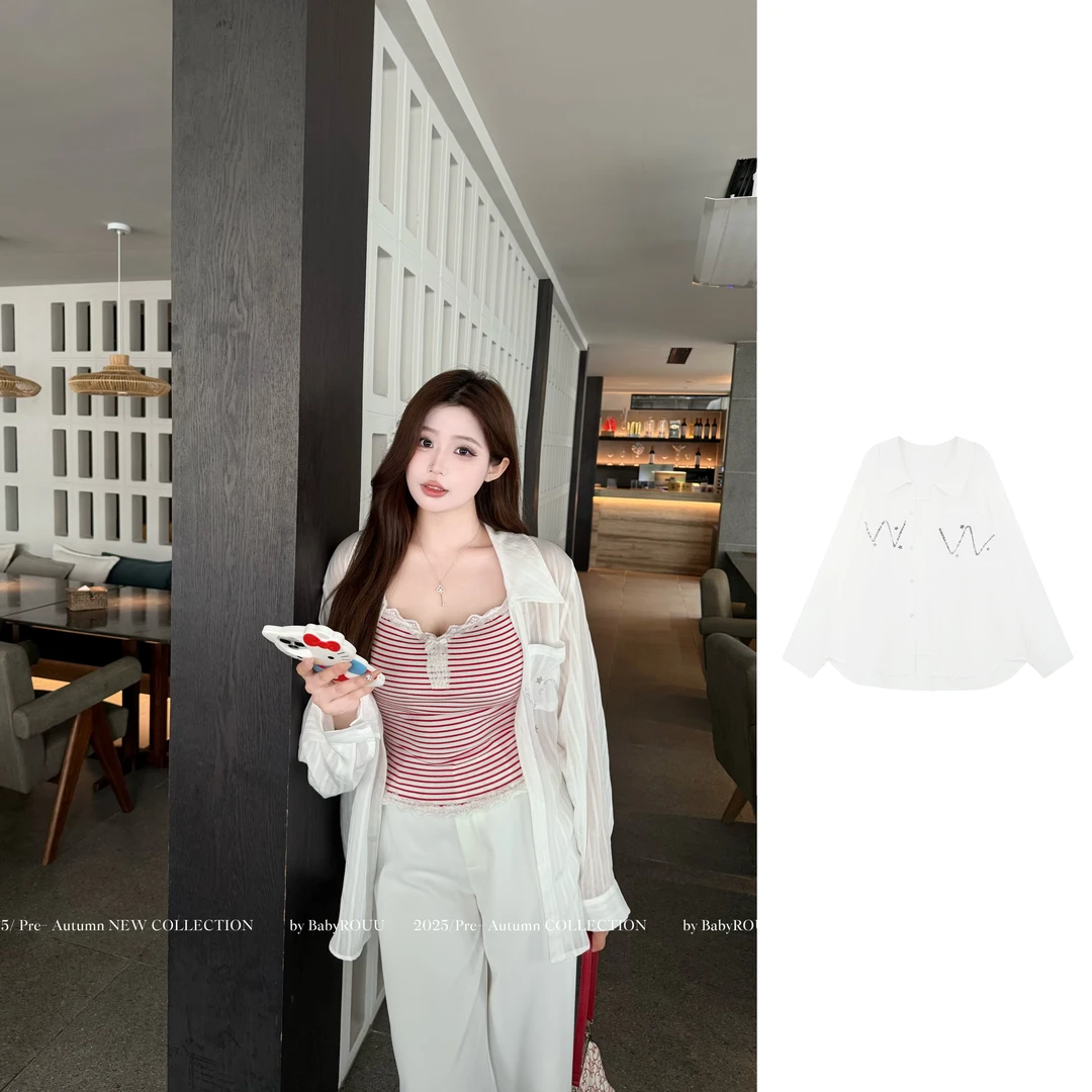 【清爽万搭】温与柔慵懒风白色条纹防晒薄款宽松长袖衬衫