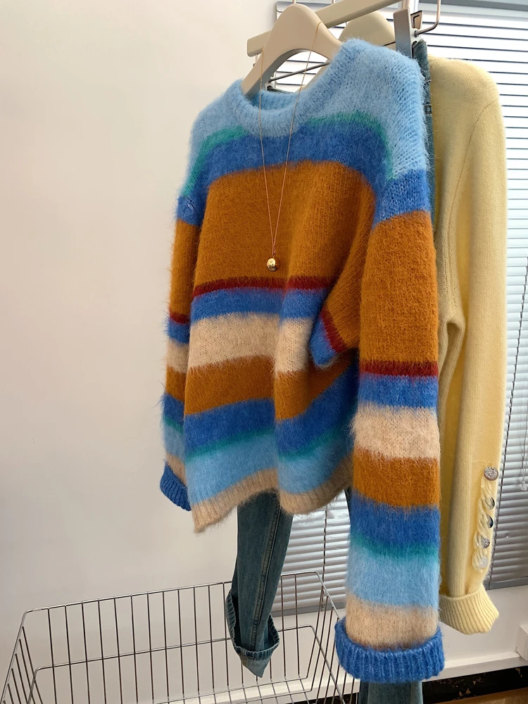 彩色条纹圆领长袖套头针织衫毛衣女2025新款慵懒风高级感软糯上衣