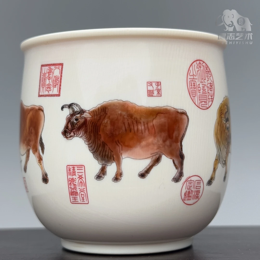 DEZHI/德志【五牛图】大师手工刻画手绘猛犸牙茶杯摆件XY
