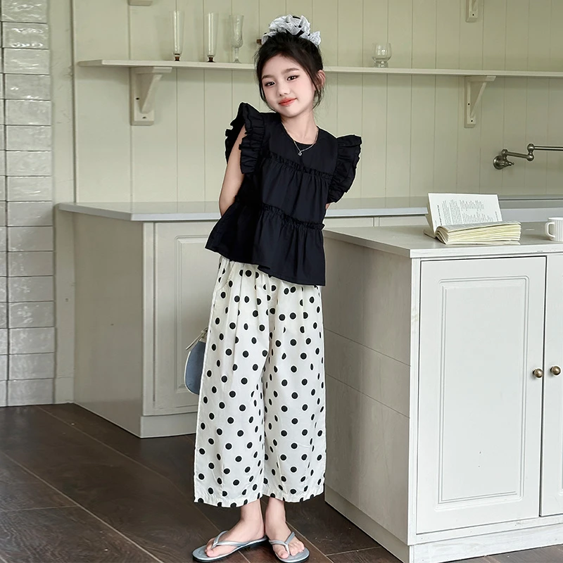 女童夏款时尚休闲套装儿童洋气短袖波点九分裤两件套大童潮酷穿搭