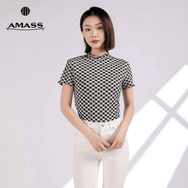 阿玛施AMASS经典复古黑白格纹木耳边修身短袖T恤上衣女5300603