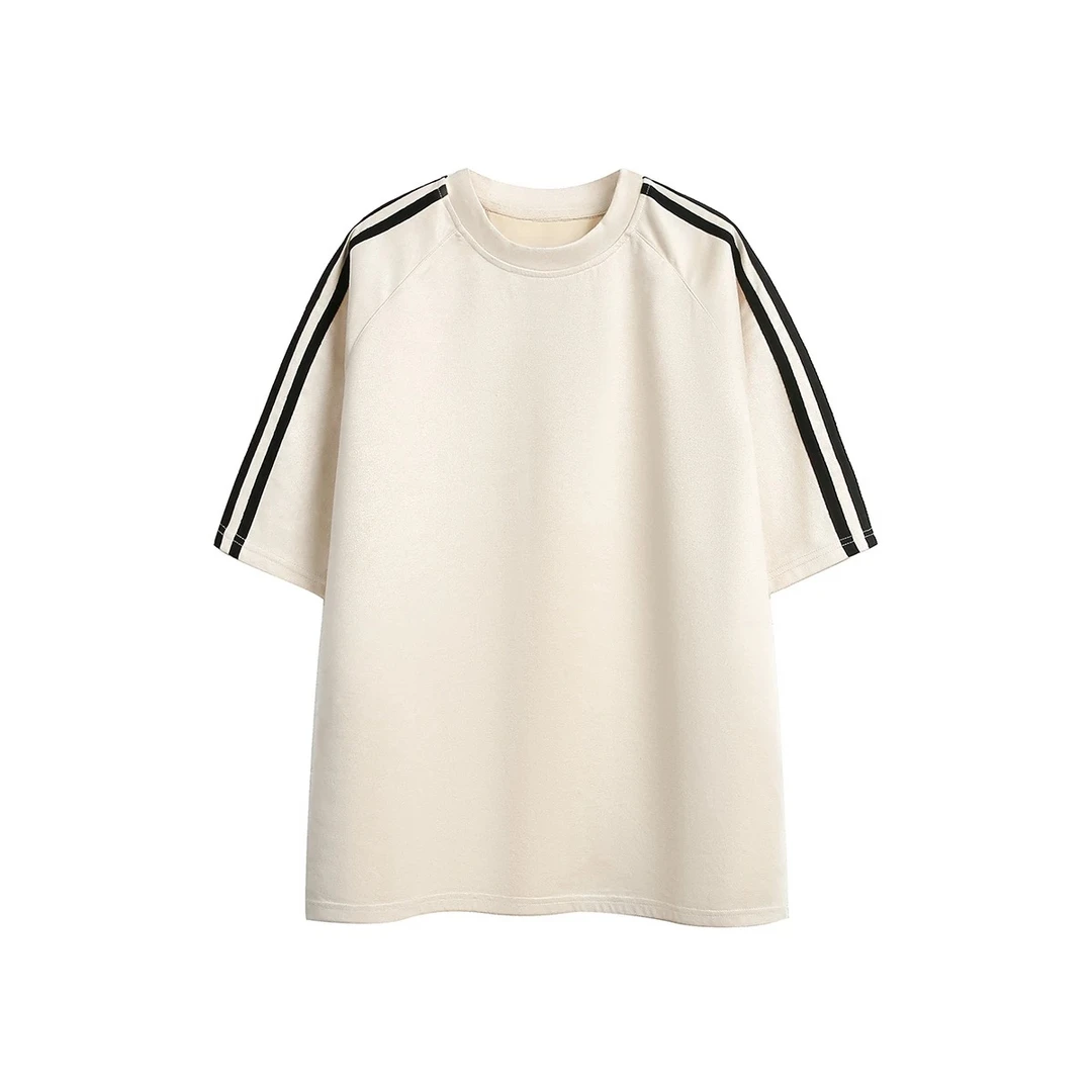 断码清仓 捡漏 条纹撞色仿麂皮绒T恤男女潮牌