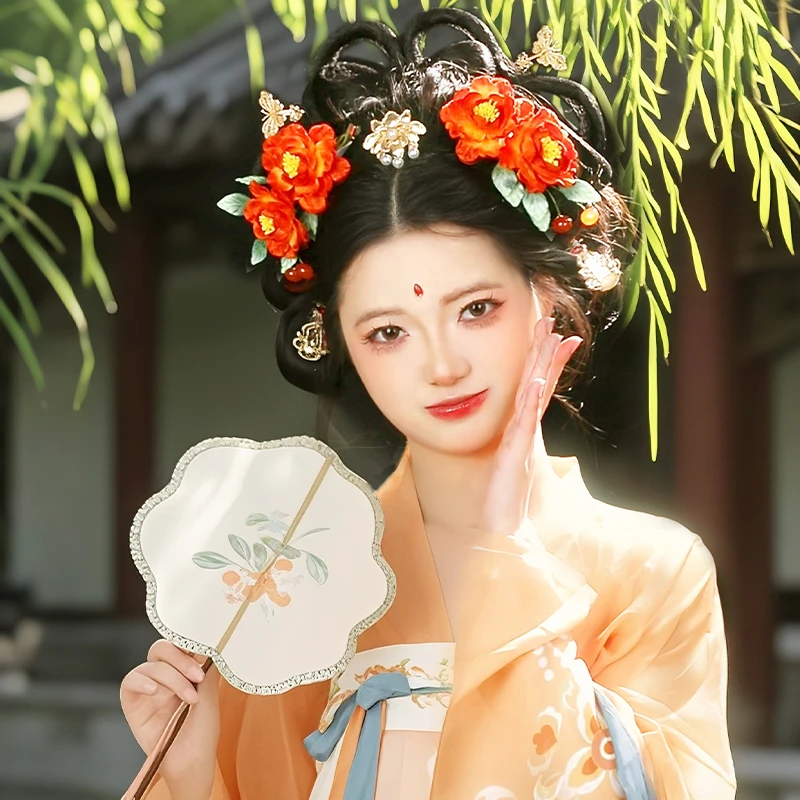 古风发饰橘色绢花发夹蝴蝶发簪点缀发钗唐风明制汉服仿绒花头饰品