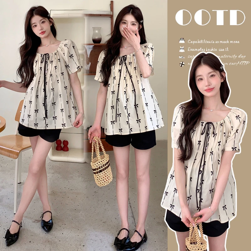 孕妇装2025夏季新款韩版时尚小清新蝴蝶结短袖衫加托腹短裤两件套