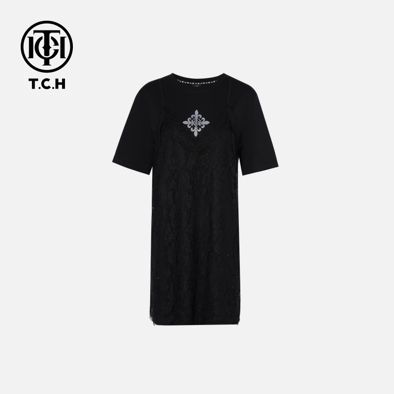 TCH轻奢满天星百搭烫钻时尚气质黑色蕾丝裙T75B30E1050tch连衣裙