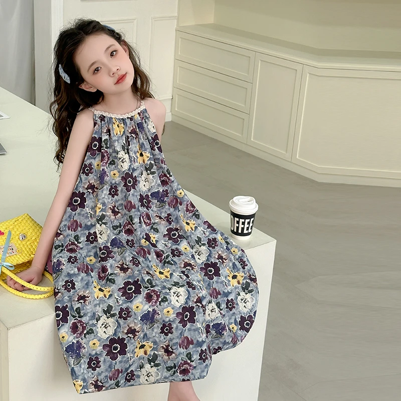 童装女童吊带连衣裙夏季2025新款中大童洋气碎花裙子儿童沙滩裙潮