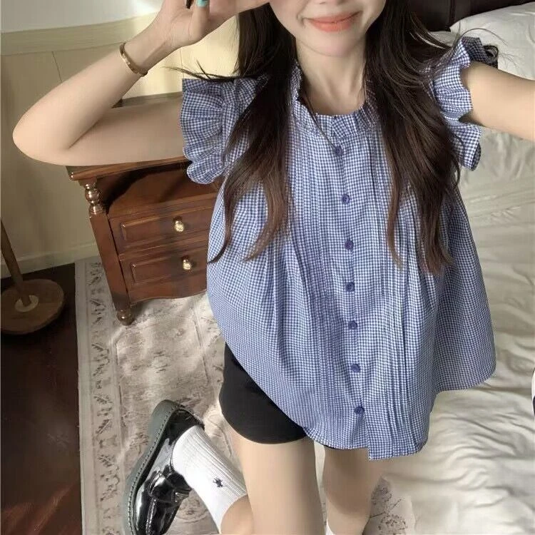 法式设计感甜美小飞袖蓝色格子衬衫女夏季复古别致荷叶边无袖上衣